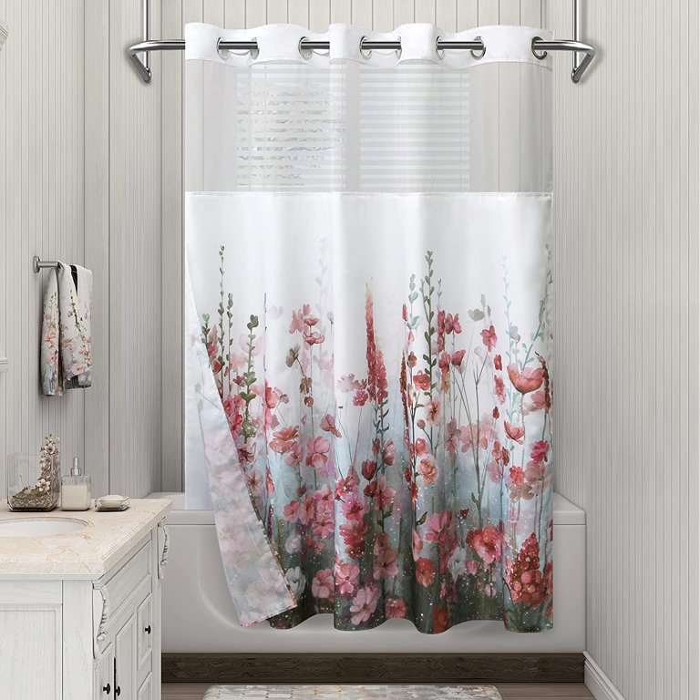 Afuly No Hook Shower Curtain with Snap in Liner Pink Flower Floral Fabric  Bathroom Shower Curtains Sets, 71x74 inch