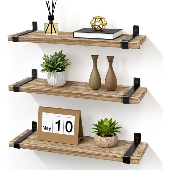 Afuly Rustic Floating Shelves for Wall, 16in Wood Floating Shelf Set of 3 , Brown Wall Shelves with Metal Brackets, Hanging Shelf for Living Room, Bathroom, Kitchen, Home Decor and Storage