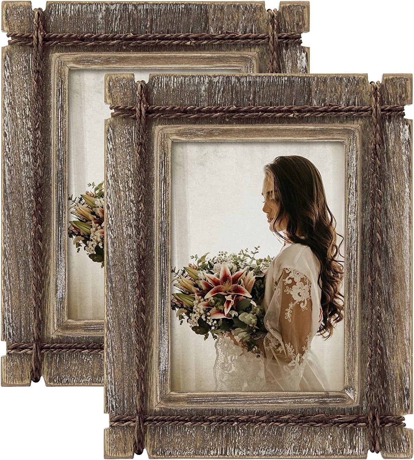 Afuly Rustic Picture Frames 5x7 Wooden Picture Frame Set of 2, Barnwood Distressed Western Vintage Photo Frames with Real Glass, Wall & Tabletop Display, Housewarming Wedding Gifts
