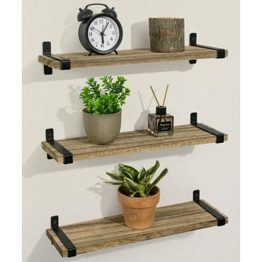 Afuly Rustic Wood Floating Shelves Wall Mounted Set of 3 16In, Brown Wall Shelf with Metal Brackets,  Hanging Shelf, Home Decor Storage
