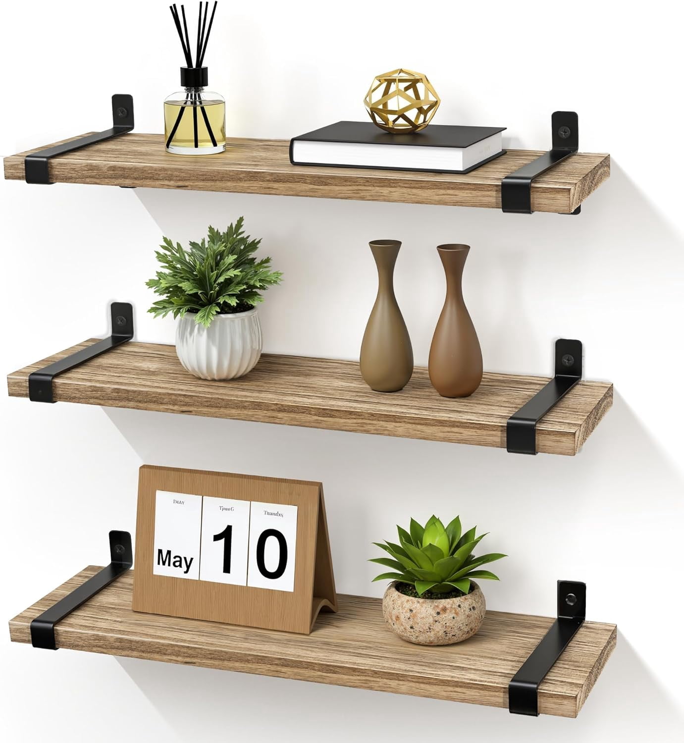 Afuly Rustic Floating Shelves for Wall, 16in Wood Floating Shelf Set of 3 , Brown Wall Shelves with Metal Brackets, Hanging Shelf for Living Room, Bathroom, Kitchen, Home Decor and Storage