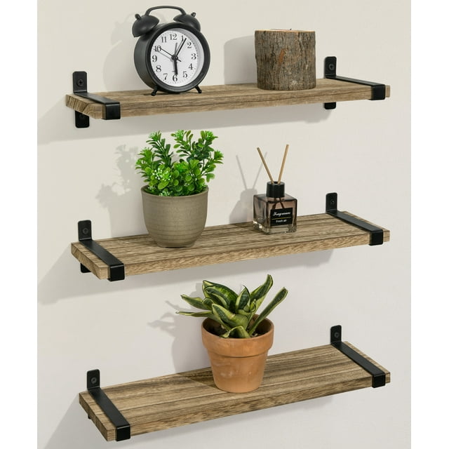 Afuly Rustic Wood Floating Shelves Set of 3, Wall Mounted 16in Brown