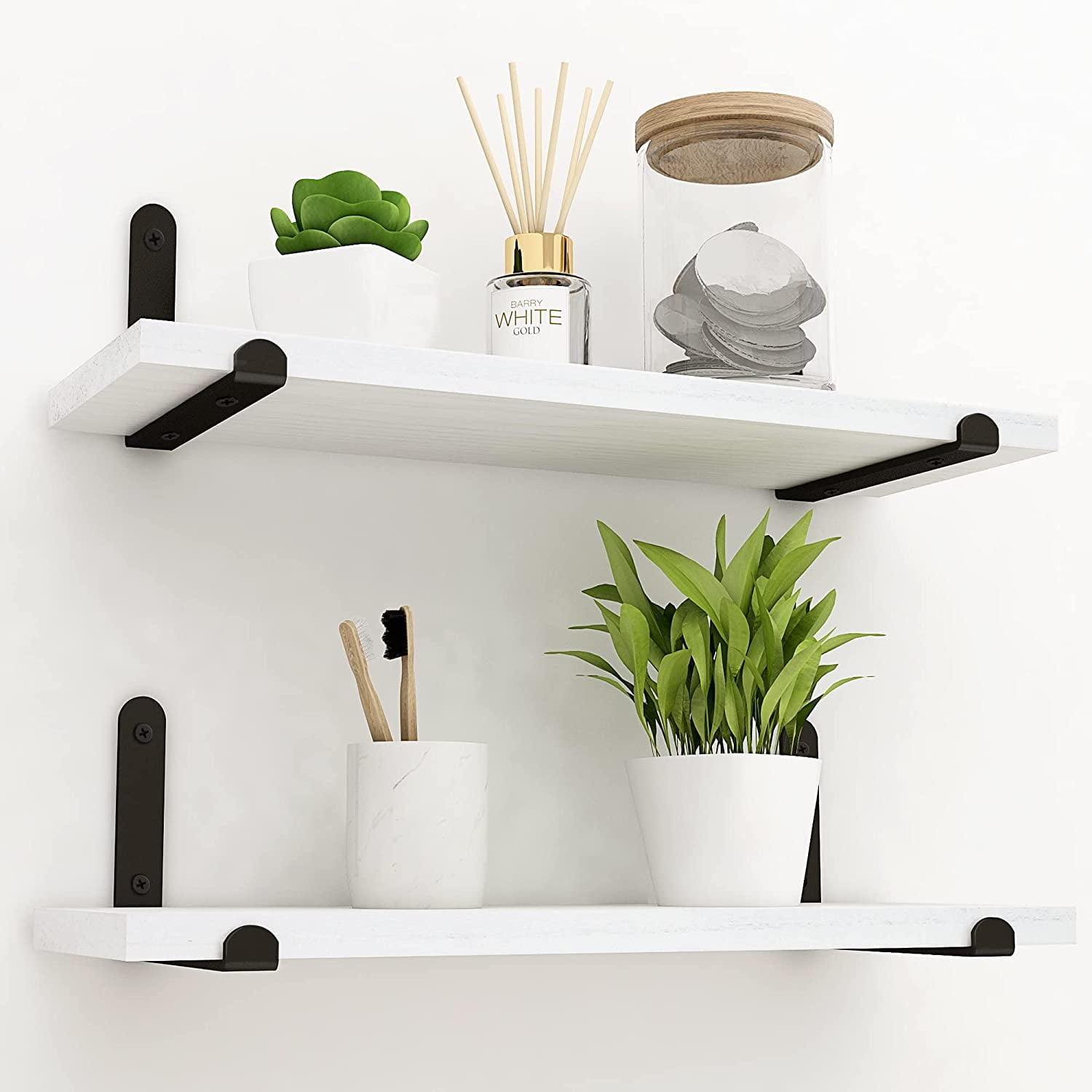 Afuly 16 Inch Set of 2 Floating Shelves, Black and White Wooden Wall
