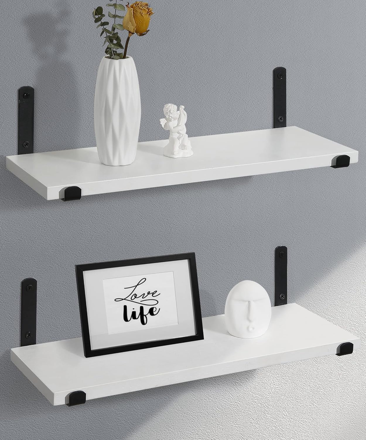 Afuly White Floating Shelves for Wall Hanging Shelves over Toilet Set of 2, 16in Wooden Decorative Shelves Wall Mounted with Black Brackets for Bathroom Bedroom Living Room