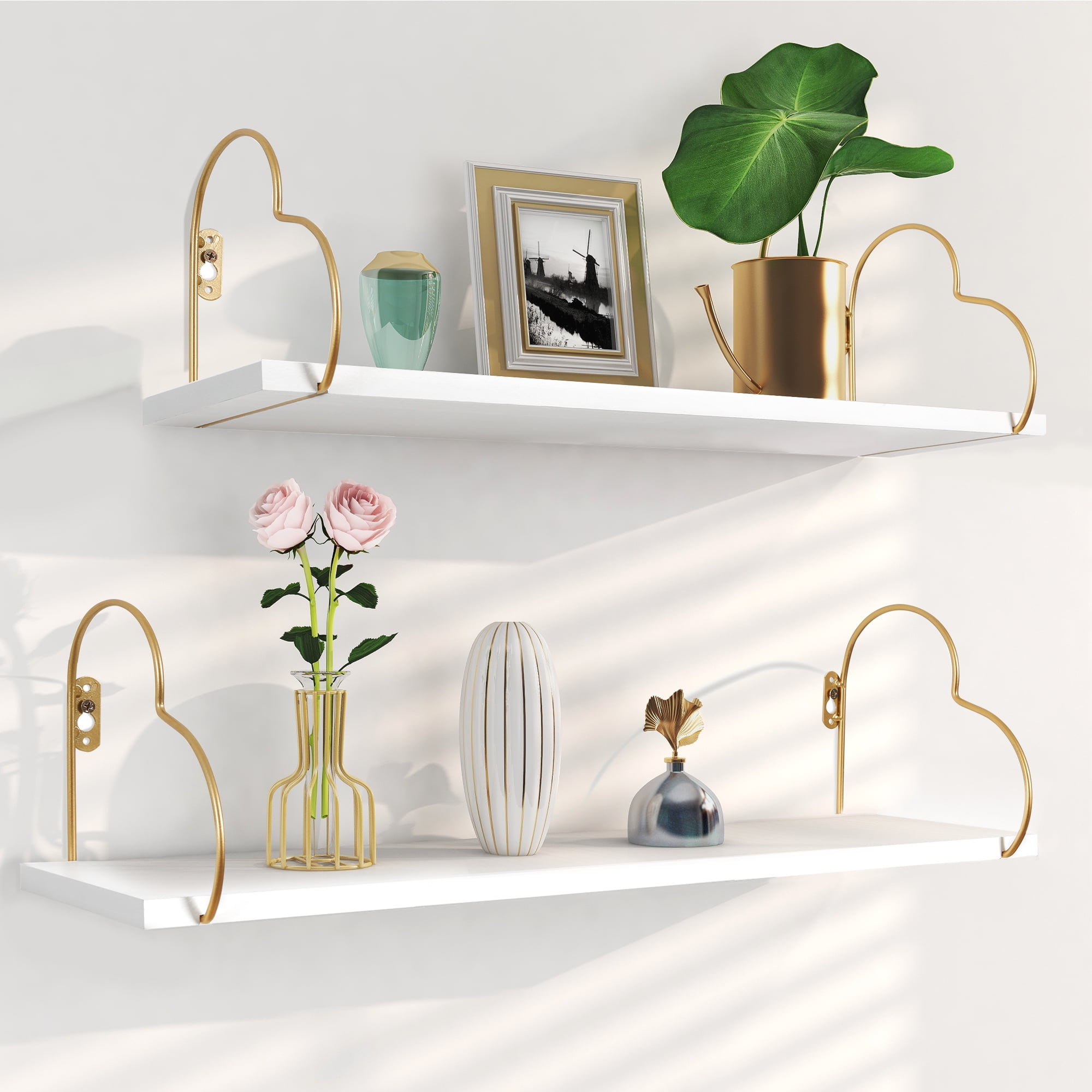 Afuly White Floating Shelves Wall Shelf, Wood Shelf with Golden Heart