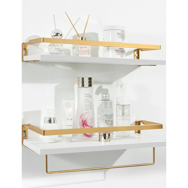 Afuly White Floating Shelves Wood 16.5 inch Gold Metal Shelves for ...