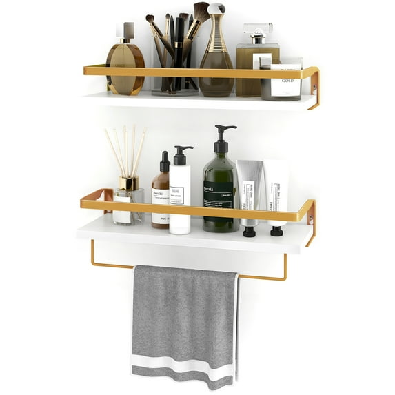 Afuly White Floating Shelves Wood 16.5 inch Gold Metal Shelves for Bathroom Kitchen Wall Mounted Shelf, Set of 2