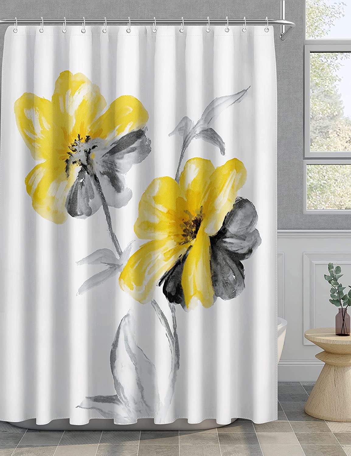 Afuly Yellow Floral Shower Curtain for Bathroom Decorative Boho Farmhouse Grey Fabric Shower