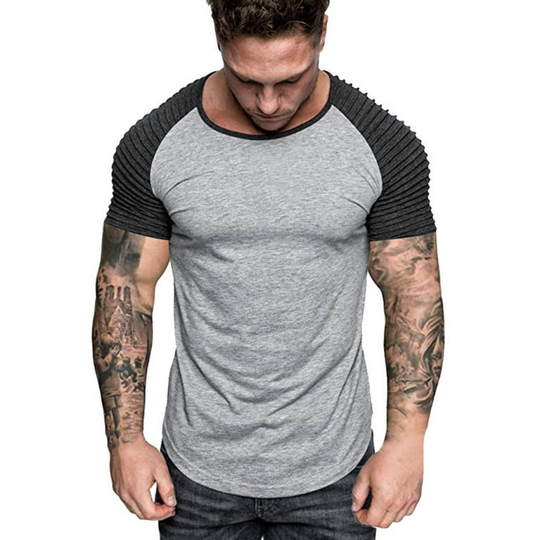 Afunbaby Men's Muscle T-Shirt Pleated Raglan Sleeve Bodybuilding Gym Tee  Short Sleeve Workout Shirts Hipster Shirt