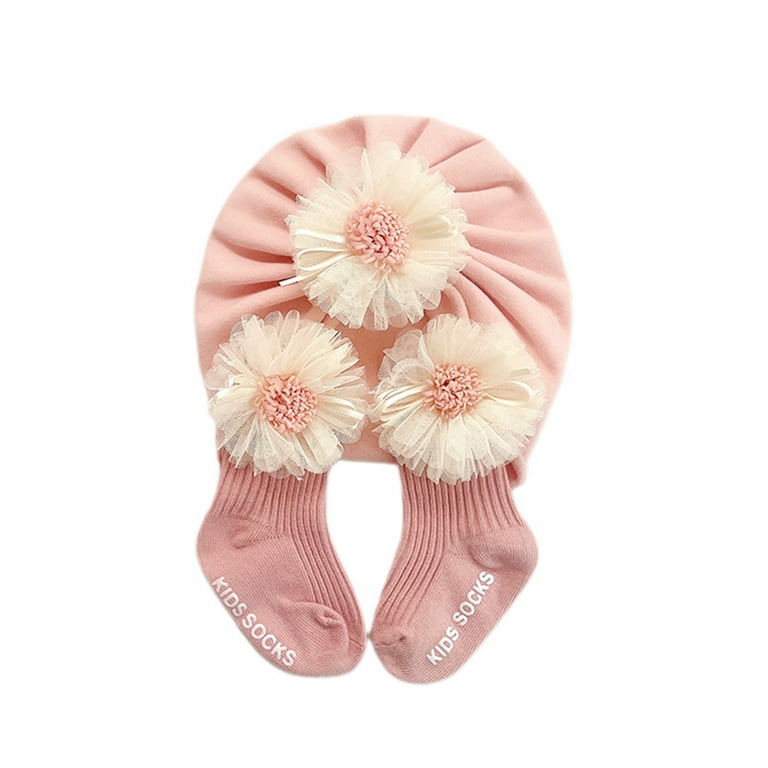 Afunbaby Newborn Baby Girls Socks Cap Set Lace Flower Ribbed Short Tube Sock Turban Hat