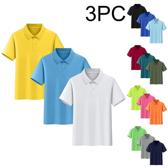 Afuyipoi 3-PC Boys Girls School Uniform Polos (For 3-17), Solid Color Soft Breathable Short Sleeve Round Neck Back-to-School for Kids Blue 4 Years