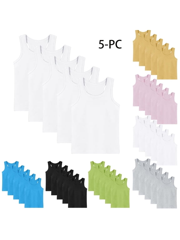5-Pack Kids Solid Cotton Tank Top (1-13 Years) Summer Sleeveless Camisole Breathable Round Neck Undershirt Value Pack White 8