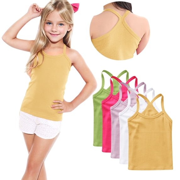Afuyipoi 5 Pieces Girls Tank Tops,Breathable Trendy Ribbed Sleeveless Y-strap Cami White 12-13