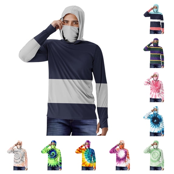 Afuyipoi Athletic Jackets for Men,Striped Print Integrated Face Cover Hood Cooling Sun-Protective UPF-Rated Surface Gray XL