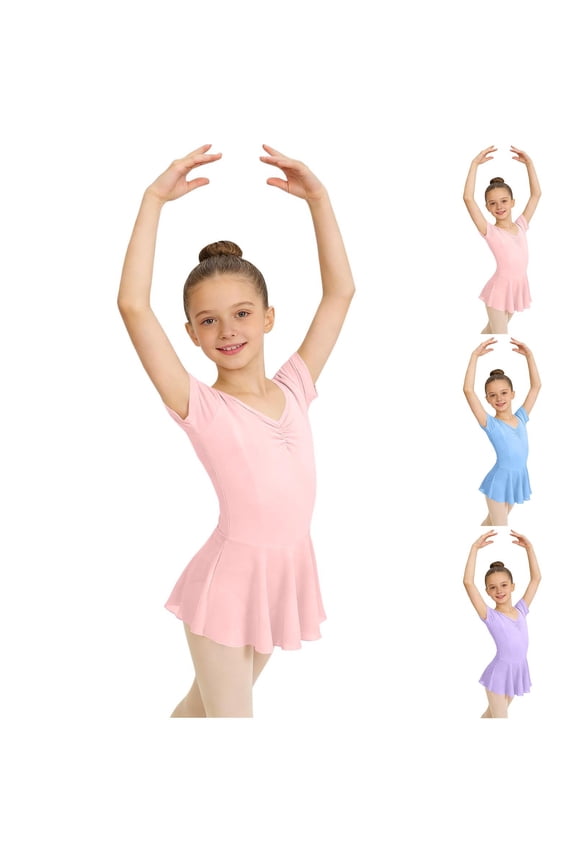 Ballet Dance Dress For Girls(For 3-15), Breathable Lightweight Ruffle Hem Stretch Short Sleeve V-neck Leotard Dance Dress Blue 3-4 Years
