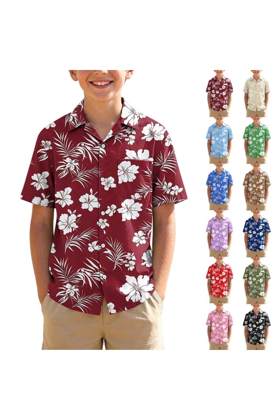 Big Boys Casual Hawaiian Shirt Floral Print Summer Beach Button Down Shirts for Vacation Red Size 12-13Years