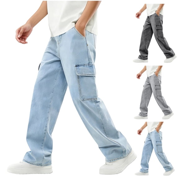 Afuyipoi Big Boys Cotton Blend Jeans Size 12-16 Solid Color Slim Elastic Flared Straight Leg Pants for Teens Daily School Casual Wear Light Blue Size 12