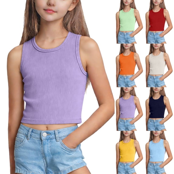 Afuyipoi Big Girls Ribbed Knit Tank Top (5-14 Years) Solid Color Soft Cotton Sleeveless Undershirt Round Neck Casual Base Layering Tee Purple 7/8