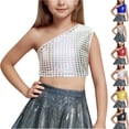thumbnail image 1 of Afuyipoi Big Girls Sequined One Shoulder Tank Top (3-16 Years) Summer Glitter Sleeveless Crop Top Elastic Performance Outfit for Dance and Party Gold 11/12, 1 of 5
