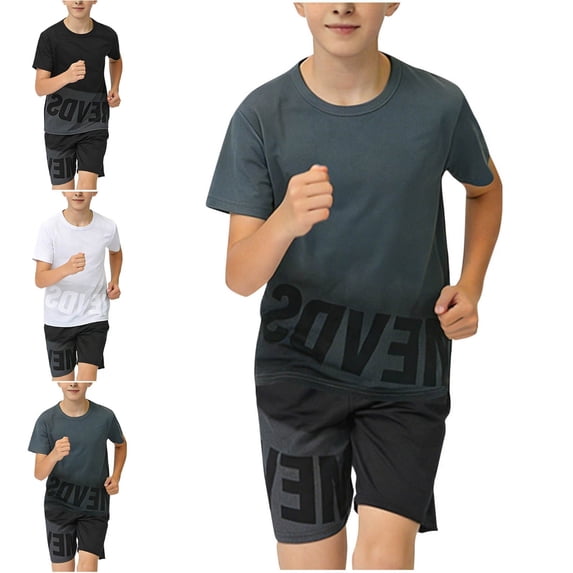 Afuyipoi Boys 2-Piece Athletic Summer Outfit (12-16 Years) Breathable Mesh Short Sleeve Round Neck Top and Elastic Waist Shorts Set For Kids Gray 15/16