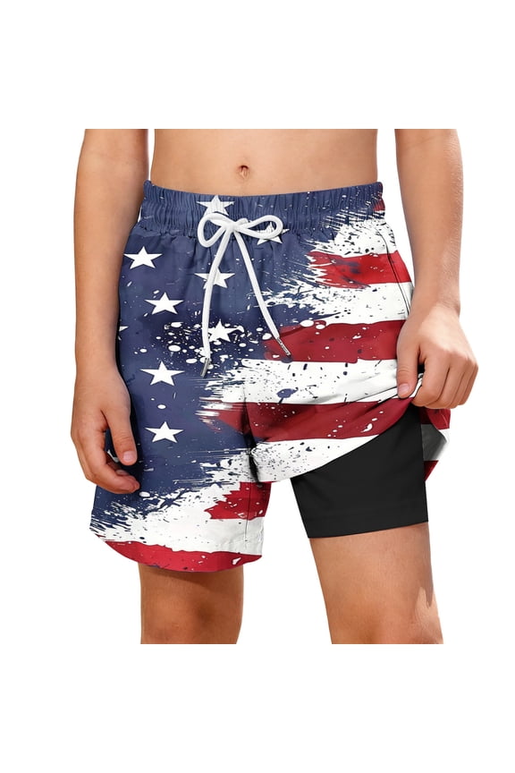 Boys Board Shorts,Fashionable Beach Star Surf Double Layer Independence Day Shorts 11-12