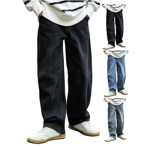 Afuyipoi Boys Denim Jeans Size 5-15 Solid Color Loose Wide Leg Straight Fit Washed Casual Pants for Kids Everyday Play School Outdoor Activities Black Size 5