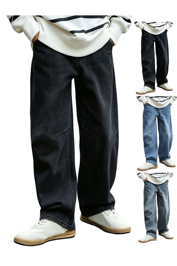 Boys Denim Jeans Size 5-15 Solid Color Loose Wide Leg Straight Fit Washed Casual Pants for Kids Everyday Play School Outdoor Activities Light Blue Size 9