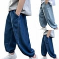thumbnail image 1 of Afuyipoi Boys Embroidered Jeans Size 4-15 Adjustable Waist Loose Wide Leg Solid Color 100% Denim Casual Long Pants for Kids School Daily Blue Size 7, 1 of 10