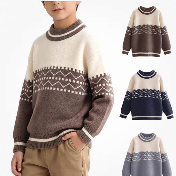 Afuyipoi Boys Geometric Jacquard Knit Pullover Sweater for Kids Size 4-12Y Fall Winter Soft Layering Khaki Size 5T