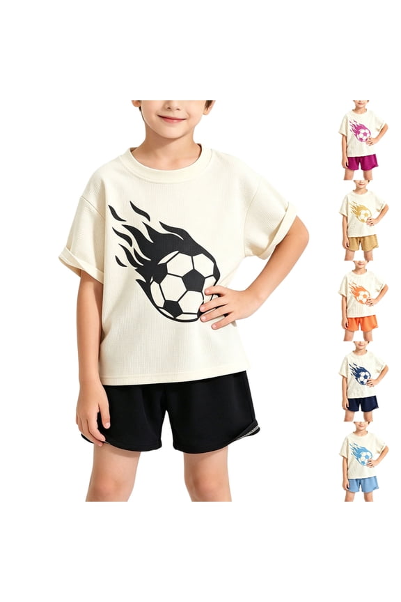 Boys Girls 2-Piece Soccer Graphic Outfit (6 Months-12 Years) Waffle Knit Short Sleeve Top and Relaxed Shorts Set For Toddler and Kids Orange 12-18 Months