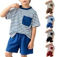 thumbnail image 1 of Afuyipoi Boys Girls 2-Piece Summer Outfit Set (0-10 Years) Striped Knit Short Sleeve T-Shirt with Pocket and Casual Shorts For Toddler Coffee 9/10, 1 of 8