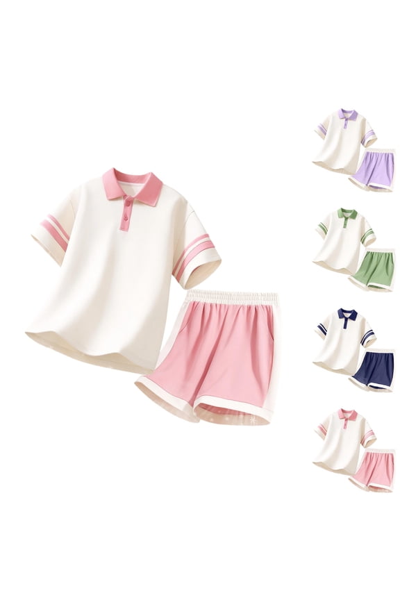 Boys Girls 2-Piece Summer School Uniform Set (4-16 Years) Classic Contrast Lapel Button Down Shirt and Elastic Waist Shorts Purple 5/6