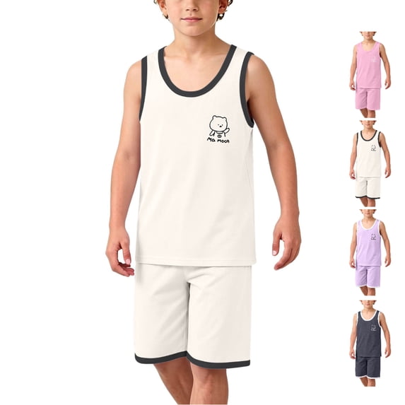 Afuyipoi Boys Girls 2-Piece Summer Sleeveless Tank Top and Shorts Set (0-15 Years) Soft Modal Breathable Loungewear Homewear Outfit For Kids White 3T