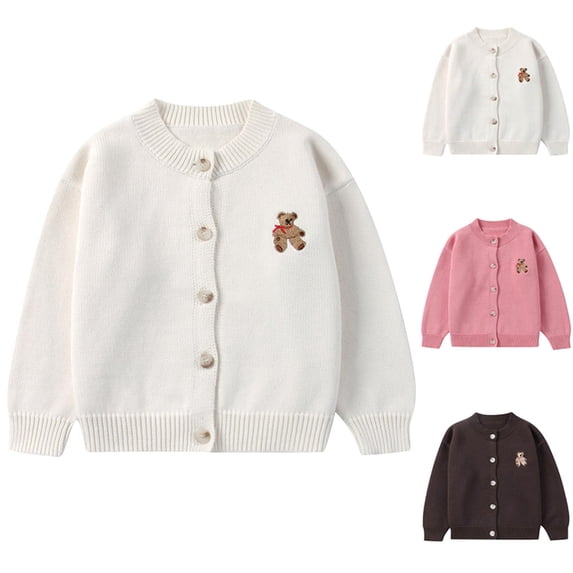 Afuyipoi Boys Girls Bear Print Cardigan Size 18M-8Y Color Block Long Sleeve Knit Sweater for Kids Daily Casual Coffee Size 3T