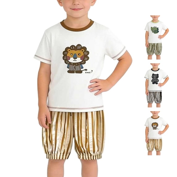 Afuyipoi Boys Girls Casual Sporty Summer Suit(0-10 Years), Black Short Sleeve Printed T-Shirt & Elastic Waist Striped Shorts 2-Piece Outfit Black 9/10