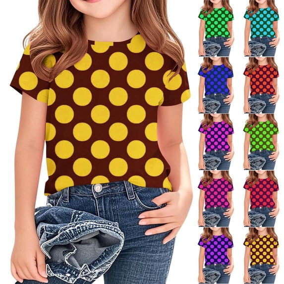 Afuyipoi Boys Girls Polka Dot Shirt Short Sleeve Youth Patterned Tee Print Blouse Dotted Summer Top Orange Size 11-12 Years