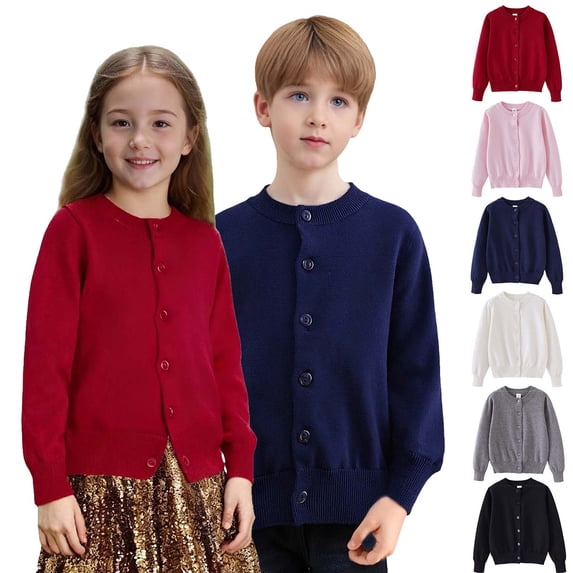 Afuyipoi Boys Girls Solid Knit Cardigan Size 1-14Y Long Sleeve Round Neck Button Sweater for Kids School Casual Gray Size 11