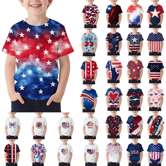 Afuyipoi Boys Graphic T-Shirt (for 3-15) Stripe Independence Day Celebration Crew Neck Short Sleeve Summer Tshirt for Kids Multicolor Size 5