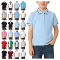 thumbnail image 1 of Afuyipoi Boys T-Shirt(For 5-14), Turn-Down Collar Button-Up Splicing Short Short Sleeve Soft Cotton Casual Pullover Top Light Blue 12-13 Years, 1 of 5