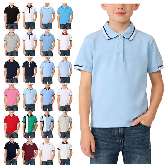 Afuyipoi Boys T-Shirt(For 5-14), Turn-Down Collar Button-Up Splicing Short Soft Cotton Short Sleeve Casual Pullover Top Light Blue 9 Years