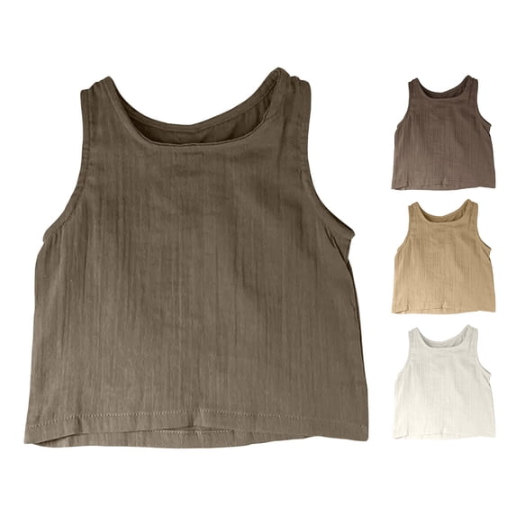 Afuyipoi Boys Tank Tops Size 6,Round Neck Summer Brethable Cotton Linen Basic Tees Brown