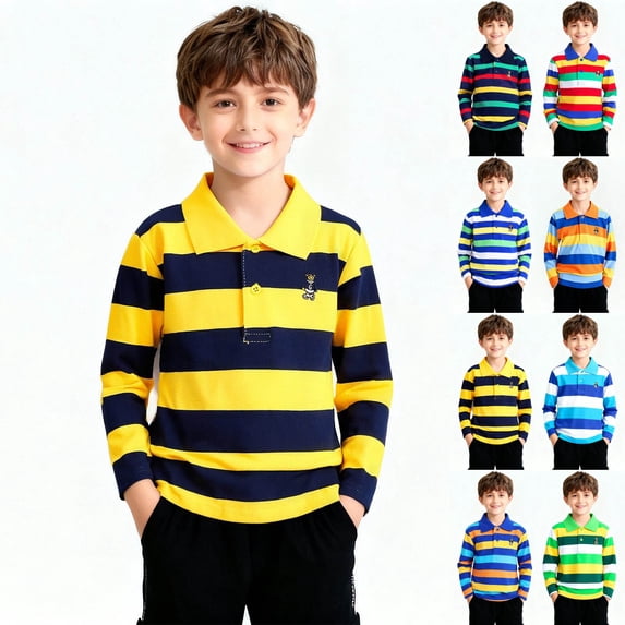 Afuyipoi Boys School Uniform Shirts ( For3-15) Striped Tops Long Sleeve Soft Cotton Back-to-School Pullover Top Blue Size 6