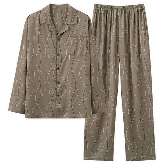 Afuyipoi Button-Down Pajamas for Men,Long Sleeve with Pockets Breathable Sleepwear Lounge Pjs Set Brown L