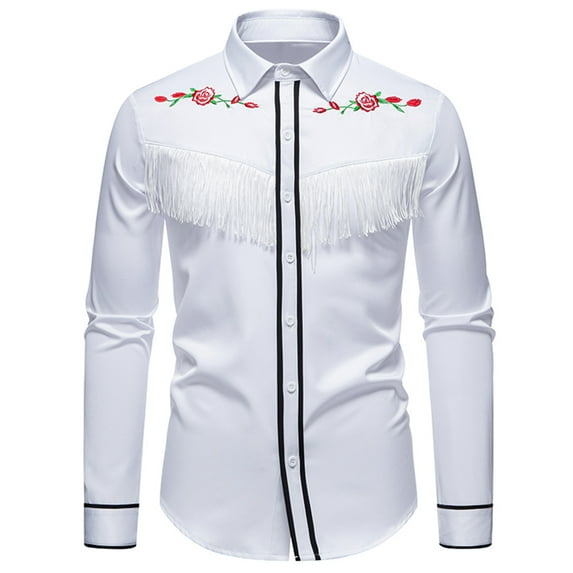 Afuyipoi Button Long-Sleeve Men Shirts,Cotton Casual Vintage Embroidered Workwear Shirts White L