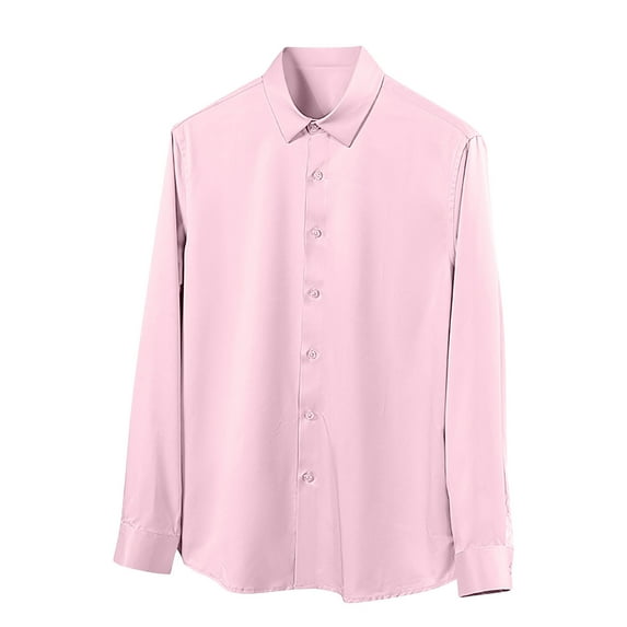 Afuyipoi Button-Up Long Sleeve Men Shirt,Slim Fit Formal Lapel Casual Solid Office Shirts Pink 2XL