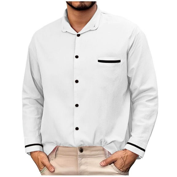 Afuyipoi Button-Up Long Sleeve Men Shirt,Solid - color Collared Neck Cotton Shirts for Office White S