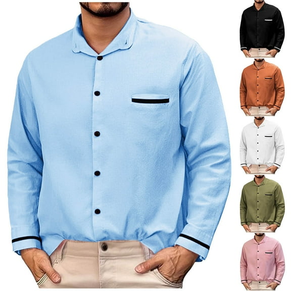 Afuyipoi Button-Up Long Sleeve Men Shirt,Solid - color Cotton Collared Neck Shirts for Office Light Blue L