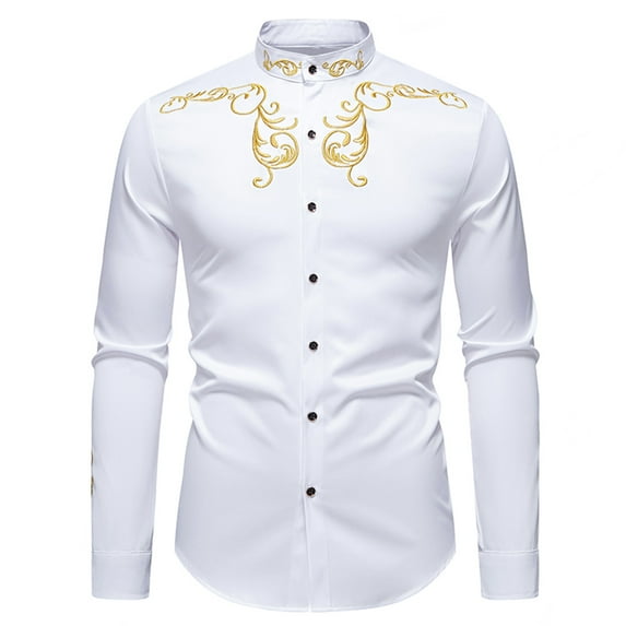 Afuyipoi Button-Up Long Sleeved Shirts for Men,Lightweight Stand Collar Casual Cotton Embroidered Shirt Gray 2XL
