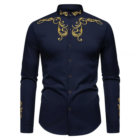 Afuyipoi Button-Up Long Sleeved Shirts for Men,Lightweight Stand Collar Casual Cotton Embroidered Shirt Navy M