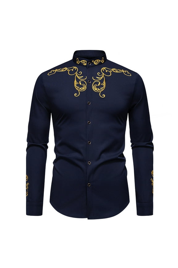 Button-Up Long Sleeved Shirts for Men,Lightweight Stand Collar Casual Cotton Embroidered Shirt Navy M